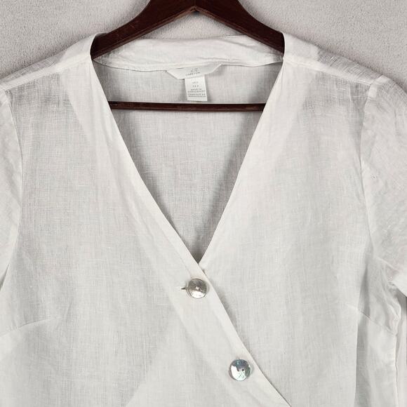 H&M 100% Linen Peplum Wrap Blouse Women’s SZ 8 White Tie Pearl Buttons EUC - Picture 6 of 14